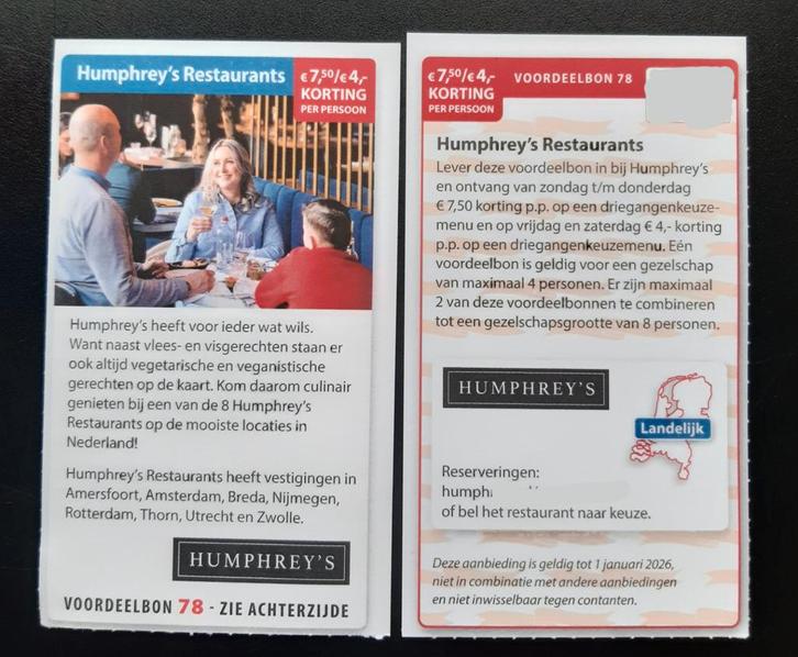 Humphrey's restaurant €7,50/ €4,00 korting p.p., Tickets en Kaartjes, Kortingen en Cadeaubonnen