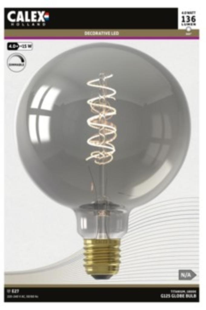 Calex LED-filament globe 125mm E27 4W titanium dimbaar, Huis en Inrichting, Lampen | Losse lampen, Nieuw, Led-lamp, Minder dan 30 watt
