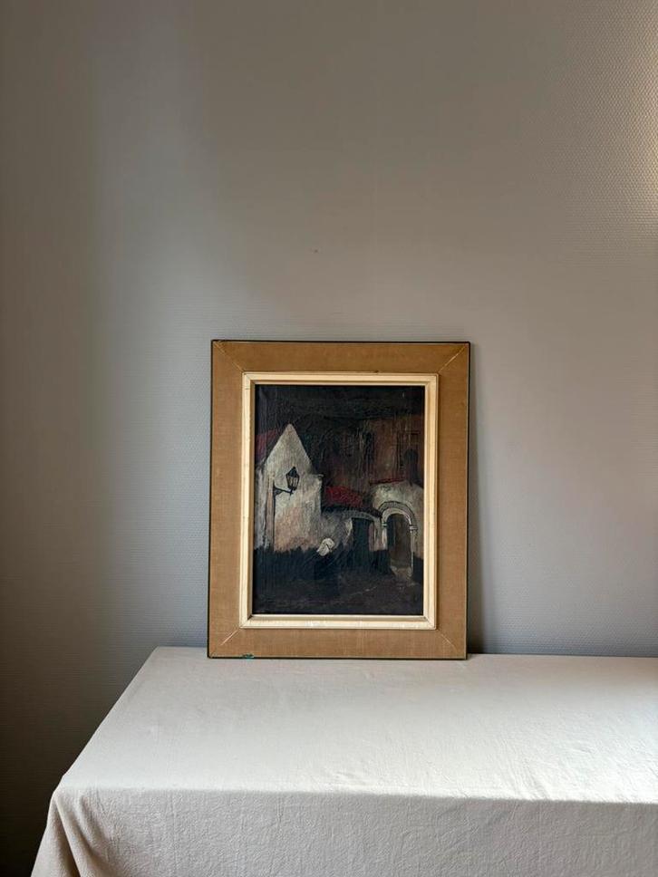 Vintage schilderij op linnen dorpsgezicht  h54cm, Antiek en Kunst, Kunst | Schilderijen | Klassiek, Ophalen of Verzenden