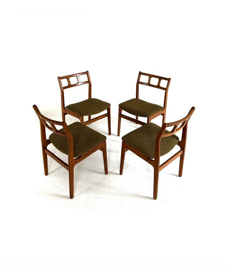 Set van 4 gerestaureerde Deense eetkamerstoelen ‘60, Huis en Inrichting, Stoelen, Zo goed als nieuw, Vier, Hout, Stof, Bruin, Ophalen of Verzenden