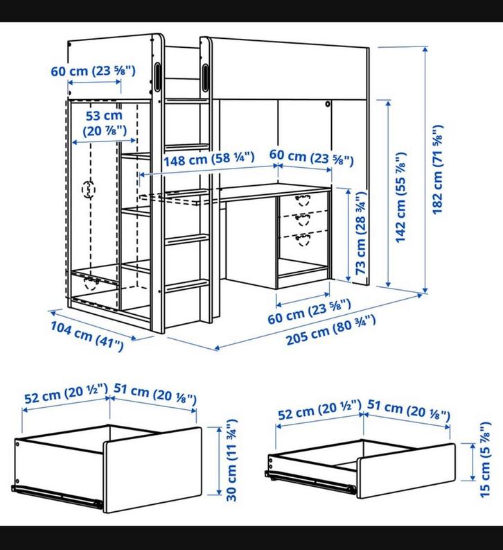 SMÄSTAD Loft bed, white white/with desk with 4 drawers, Huis en Inrichting, Slaapkamer | Stapelbedden en Hoogslapers, Zo goed als nieuw