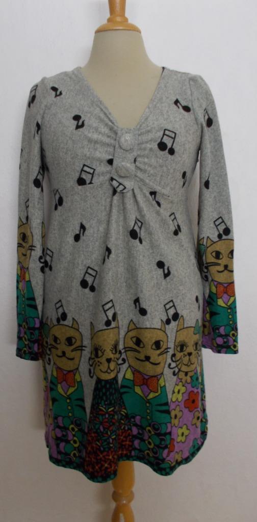 Grappig poezen/muziek noten print jurkje/tuniek! M, Kleding | Dames, Jurken, Zo goed als nieuw, Maat 38/40 (M), Grijs, Boven de knie