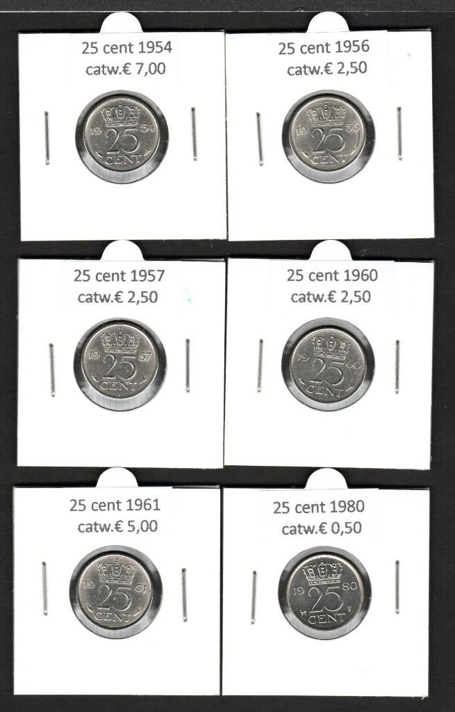 Nederland  6 munten Juliana  25 cent tussen 1954 en 1980, Postzegels en Munten, Munten | Nederland, Verzenden, Koningin Juliana