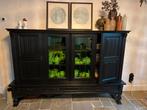 Antieke zwarte dressoir met origineel glas in lood deuren, Ophalen, Gebruikt, 200 cm of meer, Met lade(s)