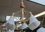 hanglamp met 5 glazen kelken met koper en grenen hout, Huis en Inrichting, Lampen | Hanglampen, Ophalen, Zo goed als nieuw, Glas