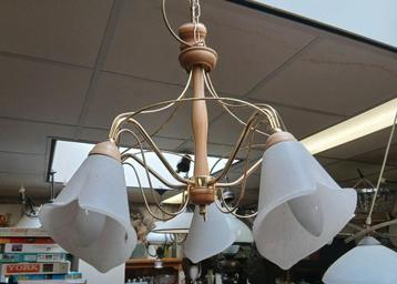 hanglamp met 5 glazen kelken met koper en grenen hout beschikbaar voor biedingen