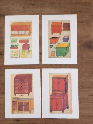 4 vintage prenten met antieke meubels, 26/24x18 cm beschikbaar voor biedingen