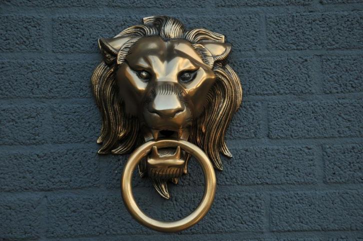 Forse aluminium-messingkleur impressie volle leeuwenkop, Antiek en Kunst, Kunst | Designobjecten, Ophalen of Verzenden