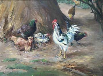 Willem Korteling (1889-1964) - Haan met kippen bij hooi beschikbaar voor biedingen