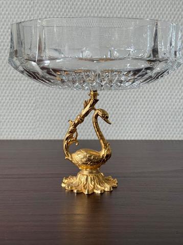 Brocante Glazen Schaal op Messing Zwanen Voetstuk, Chique beschikbaar voor biedingen