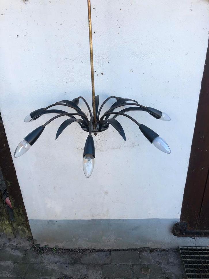 Vintage Metalen Kroonluchter blad zwart retro jaren 60 €135, Huis en Inrichting, Lampen | Kroonluchters, Gebruikt, Metaal, Ophalen of Verzenden