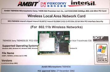 Ambit T60H656 Intersil ISL3872 Prism3 11b Mini PCI Card Wifi beschikbaar voor biedingen