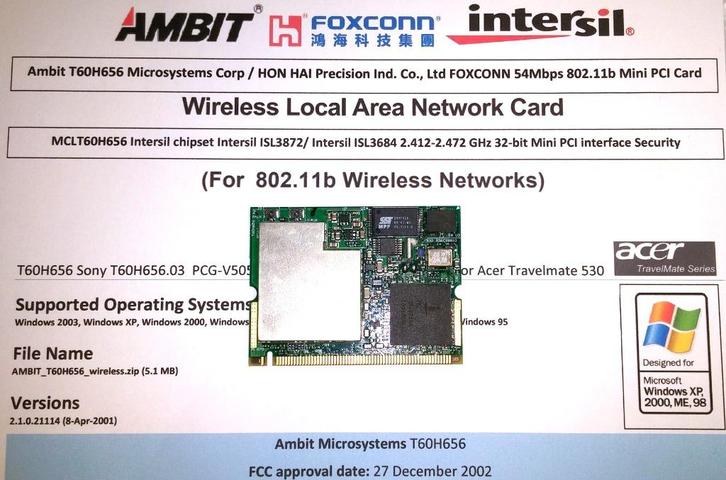 Ambit T60H656 Intersil ISL3872 Prism3 11b Mini PCI Card Wifi, Computers en Software, Netwerkkaarten, Zo goed als nieuw, Intern