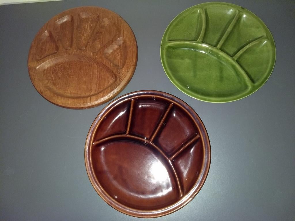 Groen en bruin fondue bord, Ophalen of Verzenden