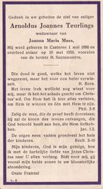 Teurlings Arnoldus 1880 Casteren 1956, Ophalen of Verzenden, Bidprentje