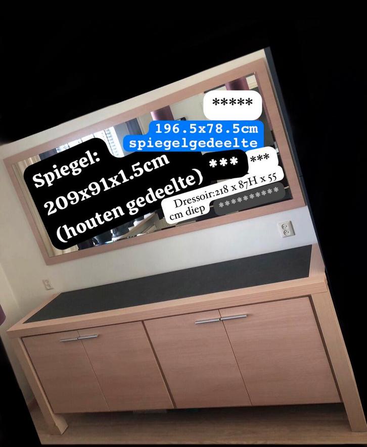 Grote spiegel 209x91x1.5 Cm met dressoir 218x87hx55 cm diep, Huis en Inrichting, Kasten | Dressoirs, Gebruikt, 200 cm of meer