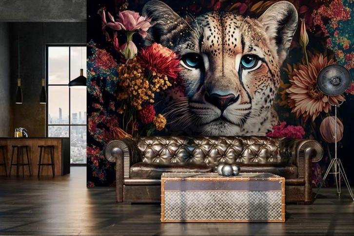 Fotobehang / Behang - Luipaard - Panter en Bloemen, Huis en Inrichting, Stoffering | Behang, Zwart, Geel, Oranje, minder dan 10 m²