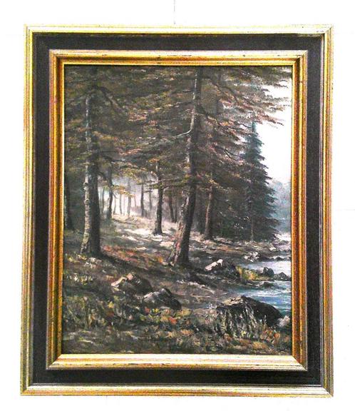Aan de rand van het bos met watertje ca. 1950, Antiek en Kunst, Kunst | Schilderijen | Klassiek, Ophalen of Verzenden