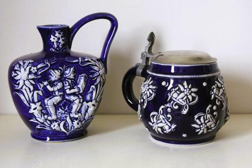 Blauw aardewerk set met afbeelding Edelweiss (2x), Antiek en Kunst, Antiek | Keramiek en Aardewerk, Ophalen