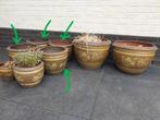 4x Large bruine terracotta pot bloempot met tekening tuin, Ophalen of Verzenden, Rond, Minder dan 25 cm, Tuin