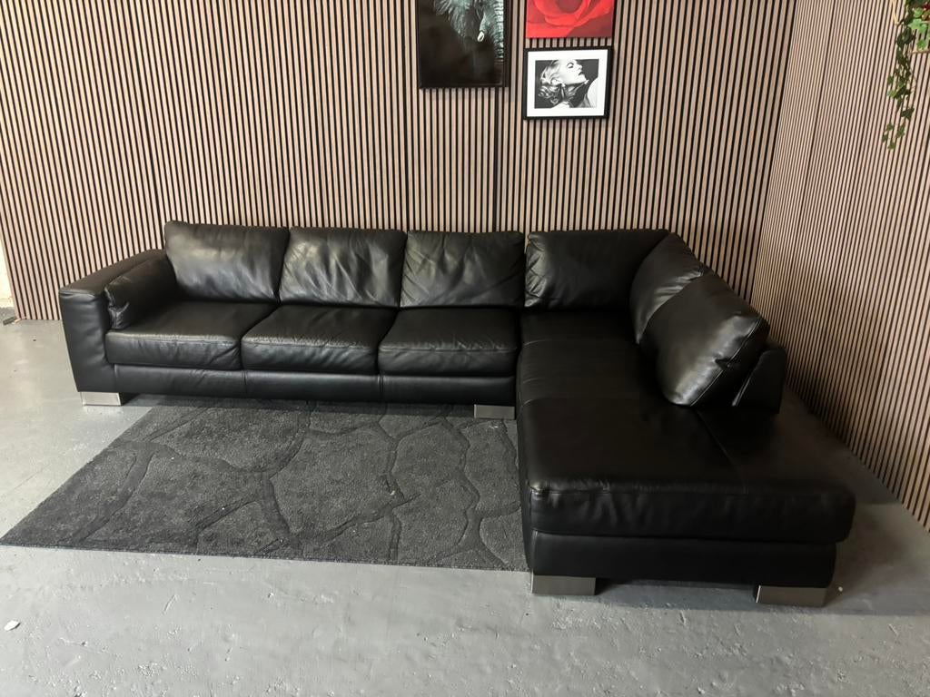 GRATIS LEVERING Hoekbank Leer Zwart 320x220 GEREINIGD, Huis en Inrichting, Banken | Bankstellen, Hoekbank, 300 cm of meer, Leer