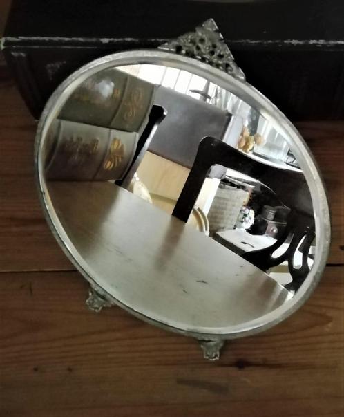 Brocante inklapbaar staand spiegeltje rond facet geslepen, Antiek en Kunst, Curiosa en Brocante, Ophalen of Verzenden