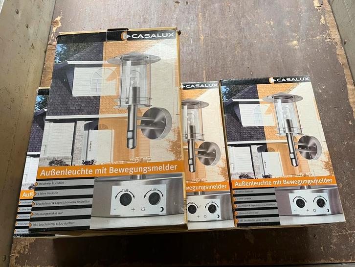 4 stuks Casalux RVS buitenlamp, schemer-, en bewegingsmelder, Tuin en Terras, Buitenverlichting, Nieuw, Wandlamp, Rvs, 50 tot 250 watt