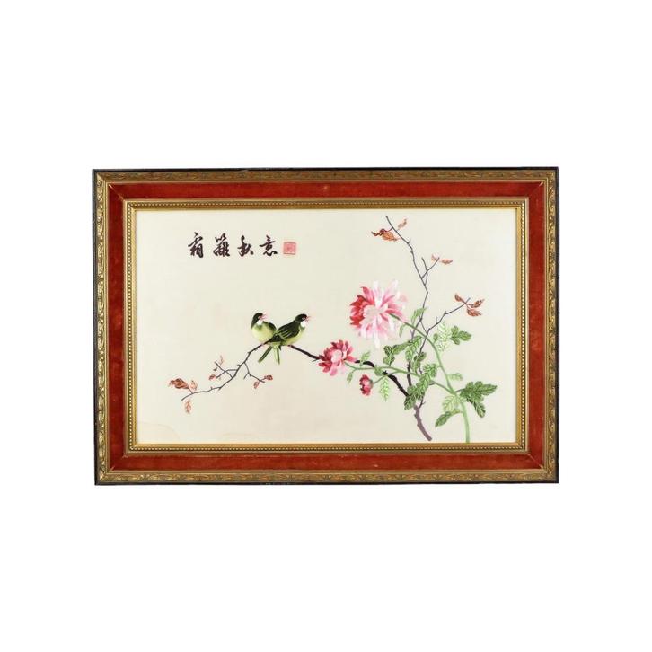 Ingelijst Fijn Chinees Borduurwerk op Zijde Vogels op Tak, Antiek en Kunst, Curiosa en Brocante, Ophalen of Verzenden