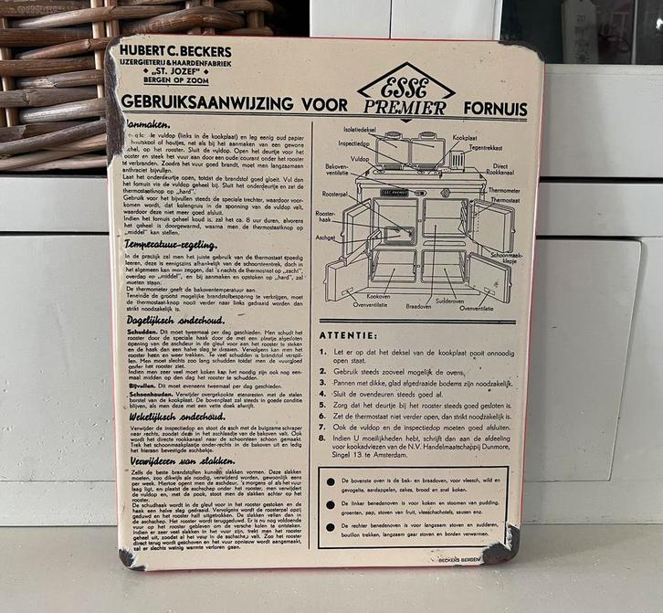OUD EMAILLE BORD ESSE PREMIER FORNUIS BECKERS, Verzamelen, Merken en Reclamevoorwerpen, Gebruikt, Reclamebord, Ophalen of Verzenden