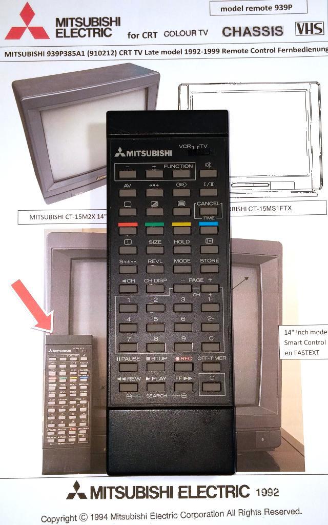 Mitsubishi 939P385A1 TV VCR Remote Control Afstandsbediening, Audio, Tv en Foto, Afstandsbedieningen, Zo goed als nieuw, Origineel