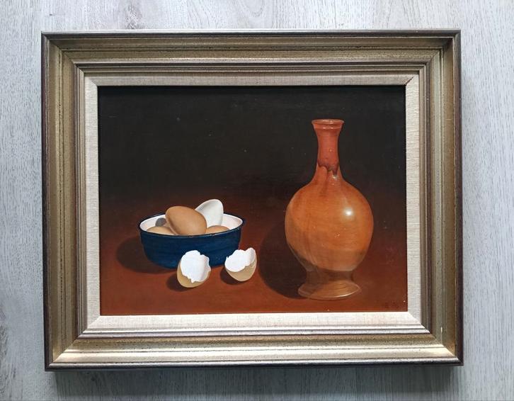 Stilleven met kan en schaaltje eieren - Hyperrealisme 1988, Antiek en Kunst, Kunst | Schilderijen | Klassiek, Ophalen of Verzenden