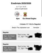 Ajax- go ahead eagles 2 kaarten vak 117 topplekken, Tickets en Kaartjes, Twee personen, April