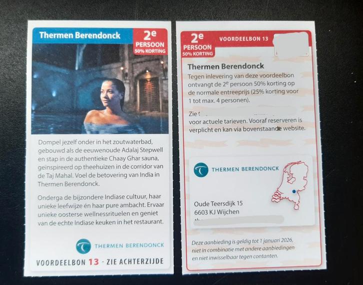 Sauna Thermen Berendonck 2e persoon 50%korting, Tickets en Kaartjes, Kortingen en Cadeaubonnen, Twee personen, Spa of Sauna, Kortingsbon