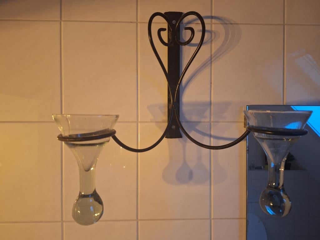 Mooie metalen kaarsenhouder met glazen cups, Ophalen of Verzenden, Gebruikt, Glas, Decoratief