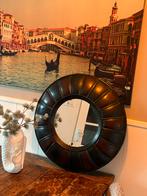 Stoere ronde spiegel met leren rand., Huis en Inrichting, Woonaccessoires | Spiegels, Ophalen, Gebruikt, Rond, 75 tot 100 cm