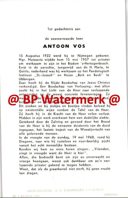 Vos Antoon 1932 Nijmegen 1968 priester Goirle Ubbergen - 227, Verzamelen, Bidprentjes en Rouwkaarten, Bidprentje, Ophalen of Verzenden