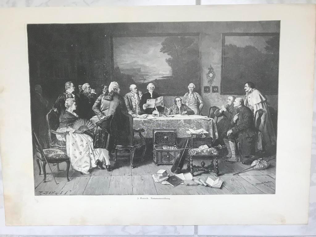J. Munsch: Testamentseröffnung, 1880, or. gravure, 32x23cm., Ophalen of Verzenden