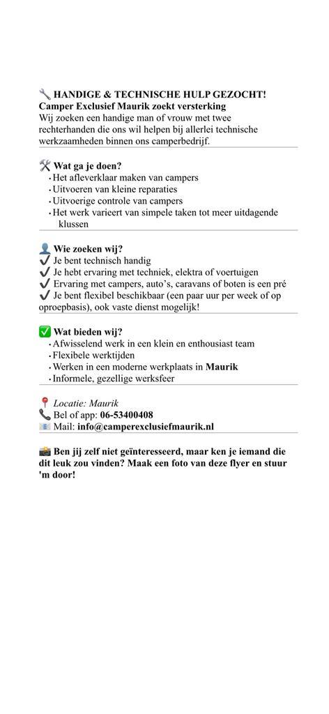 Handige harry/harriet gezocht, monteur, camper, werk, maurik, Diensten en Vakmensen, Reparatie en Onderhoud | Caravans en Campers