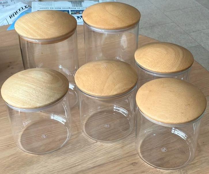 6 Douwe Egberts glazen voorraadpotten, Huis en Inrichting, Keuken | Potten en Pannen, Zo goed als nieuw, Pot, Bus of Blik, Glas