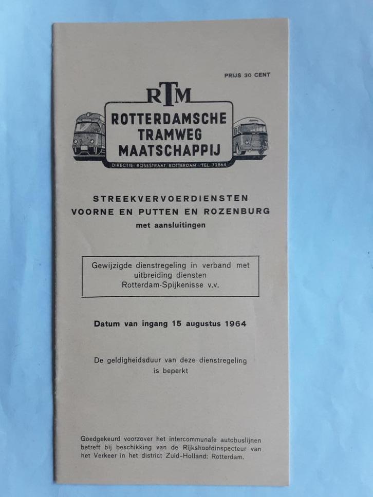 RTM VOORNE,PUTTEN,ROZENBURG Dienstregeling 15 AUG.1964, Verzamelen, Spoorwegen en Tramwegen, Zo goed als nieuw, Bus of Metro, Boek of Tijdschrift
