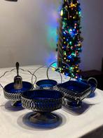 Grote set vintage blauw glas roomstel, 2x bonbonschaal enz,, Ophalen of Verzenden