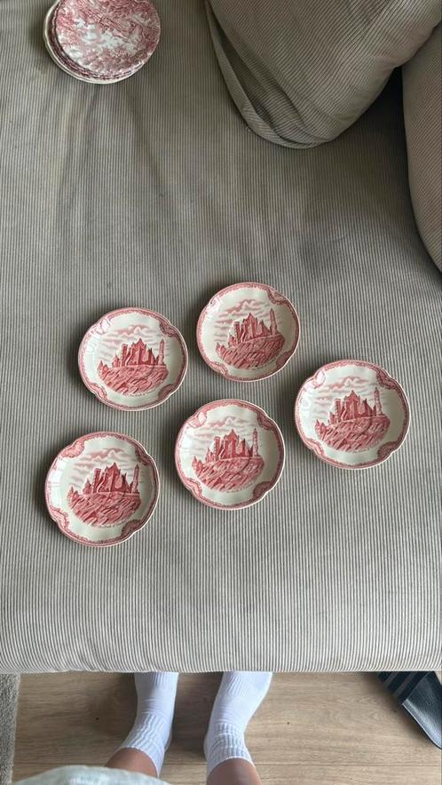 Rode/roze Engelse gebaksbordjes, Antiek en Kunst, Antiek | Servies los, Ophalen of Verzenden