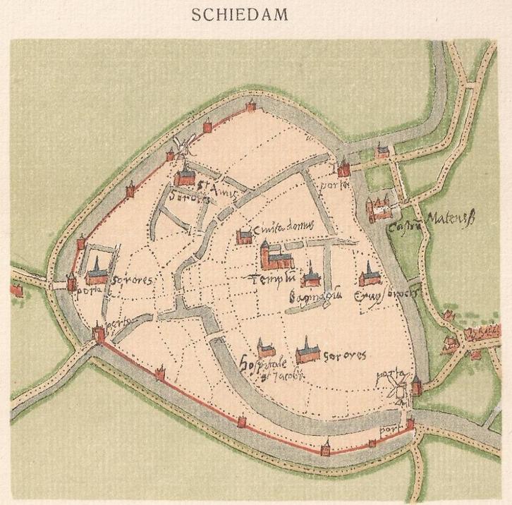 Schiedam Minuutkaartje van de stad door Jacob van Deventer, Antiek en Kunst, Kunst | Etsen en Gravures, Ophalen of Verzenden