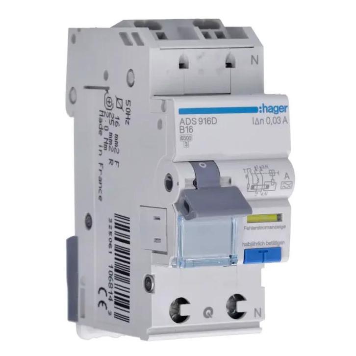 Hager FI/LS Schakelaar ADS916D | B16A | 30mA | 1P+N – NIEUW, Doe-het-zelf en Verbouw, Elektra en Kabels, Nieuw, Schakelaar, Verzenden