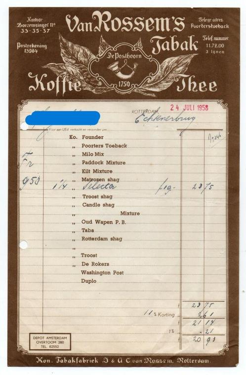 nota Van Rossem's tabak, koffie en thee Rotterdam 1958, Verzamelen, Merken en Reclamevoorwerpen, Gebruikt, Gebruiksvoorwerp, Verzenden