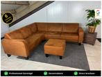 GRATIS LEVERING Cognac Hoekbank + poef 260x230 GEREINIGD, Huis en Inrichting, Banken | Bankstellen, 250 tot 300 cm, Stof, Hoekbank