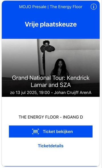 Kendrick Lamar SZA Ticket Staanplaats The Energy Floor! beschikbaar voor biedingen