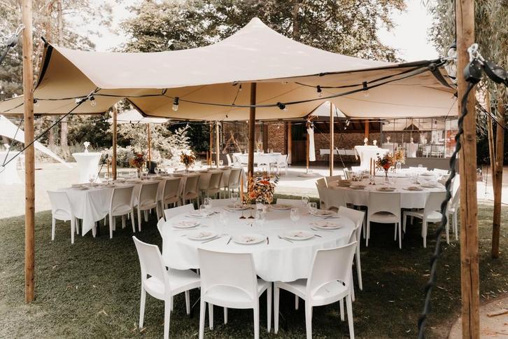 Stretchtent te huur - 7x7 meter, Tuin en Terras, Partytenten, Zo goed als nieuw, Overige typen, 2 meter of meer, 5 tot 8 meter