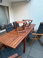 Complete tuinset – houten tafel met stoelen en bijzettafels, Tuin en Terras, Ophalen, 4 zitplaatsen, Gebruikt, Bijzettafel