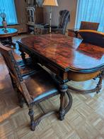 Antieke Eettafel met Lederen Blad & 4 Stoelen, Antiek en Kunst, Ophalen of Verzenden